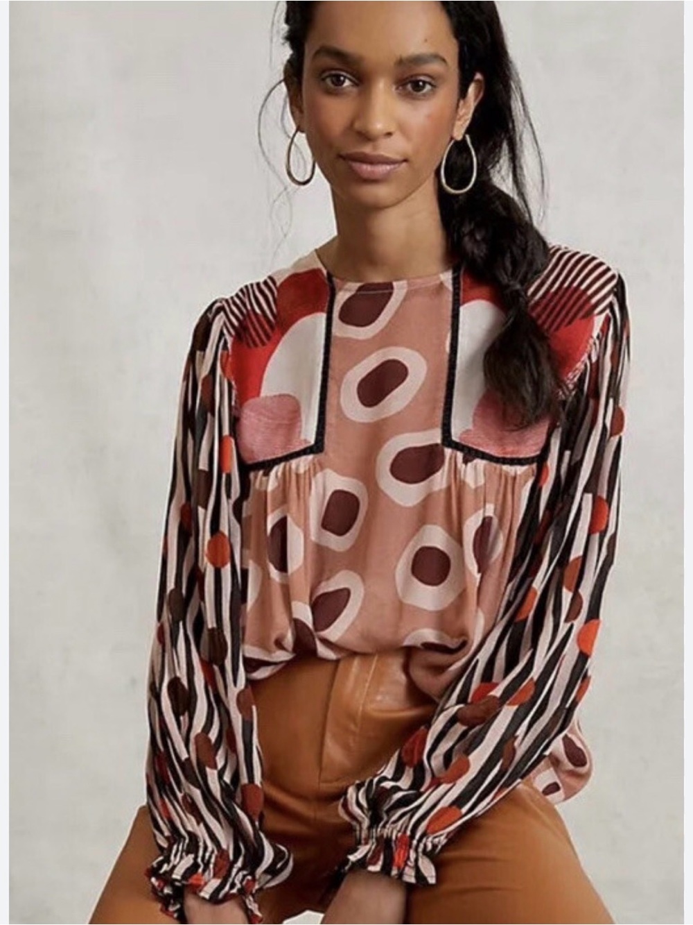 Mixed-Print bl^nk London Anthropologie Long-Sleeve peasant Blouse in Rust Multi